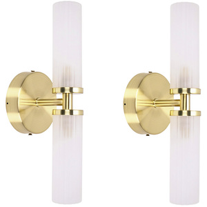 Pair of - Canya 2 Way IP44 Bathroom Frosted Reeded Glass Wall Lights - Gold by ValueLights