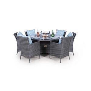 Savannah Fire Pit Round Rattan Patio Dining Set - Grey / 6 by Giardino