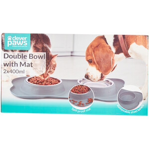 Clever Paws Double Bowl with Mat - Grey by Clever Paws