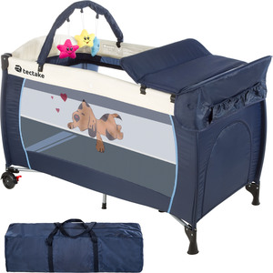 tectake Travel Cot Dog with Changing Mat, Play Bar Carry Bag - Blue by tectake