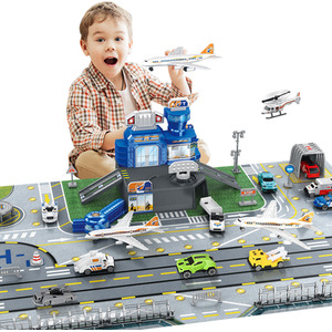Aircraft Tower Play Set for Kids with Trucks - blue