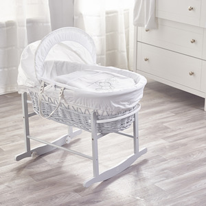 White Teddy Wash Day White Wicker Moses Basket with Grey Rocking Stand - White by Kinder Valley