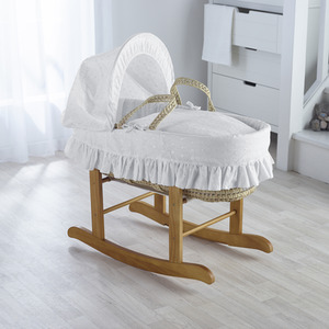 Broderie Anglaise White Moses Basket with Natural Little Gem Rocking Stand - White by Kinder Valley