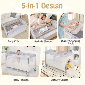 5-In-1 Portable Baby Bassinet Crib Bedside Sleeper - Light Grey by Costway
