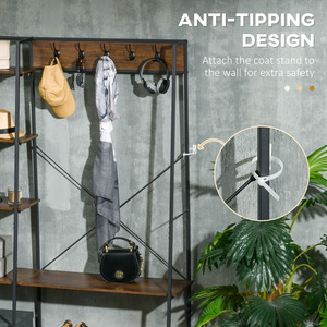 HOMCOM Coat Rack Stand Free Standing Hall Tree with 2-Tier Shoe Rack - Brown by HOMCOM