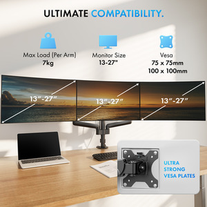 Height Adjustable Three Screen Mount with Clamp and Gas Spring Arms - Black by VonHaus