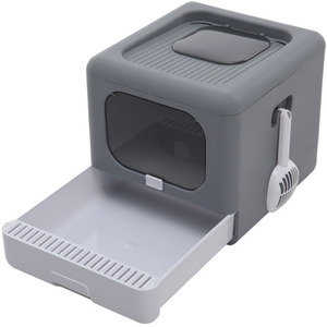 Grey PP Full Enclosed Cat Litter Box with Scoop - Grey by Livingandhome