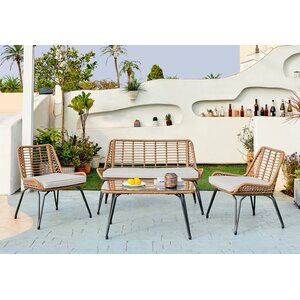 Outdoor Rattan Sofa - Lisbon Garden Sofa Chairs Table Set - Wicker and Cream - Beige by FurnitureboxUK