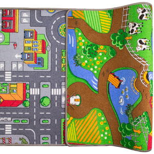 Kids Double Sided Play Mat Roads City Farm Play Room Rug - Multicolour / 150 x 80cm by The Rug House