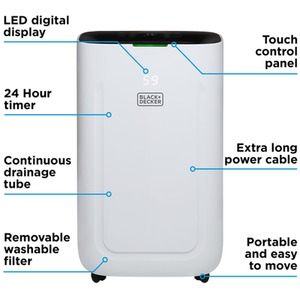 20 Litre Dehumidifier 24H Timer 6.5L Water Tank WiFi - White by Black & Decker