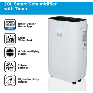 20 Litre Dehumidifier 24H Timer 6.5L Water Tank WiFi - White by Black & Decker