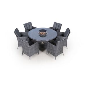 Savannah Fire Pit Round Rattan Patio Dining Set - Grey / 6 by Giardino