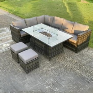 Glasgow 8 Seater Rattan Corner Set with Fire Pit - Dark Grey by Furnico Living LTD