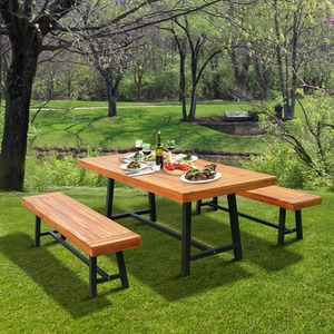 Outsunny Garden 3 Pieces Acacia Wood Picnic Table and 2 Benches Set - Natural wood colour by Outsunny