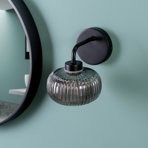 Pair of - Amaia IP44 Bathroom Wall Lights with Ribbed Glass Shades - Black by ValueLights