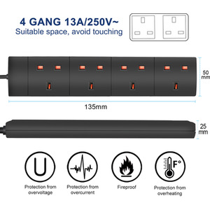 4 Way Extension Leads - Black / 5m by ExtraStar