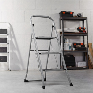 3 Step Steel Folding Step Ladder with Anti Slip Feet - Grey by VonHaus