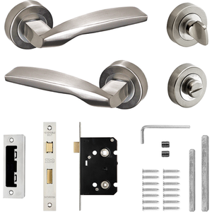 Solitude Satin Nickel Bathroom Door Lever Handles - Bathroom Kit - Satin Nickel by DecorAndDecor
