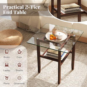 61CM Square Glass Side Table - Brown by Costway