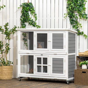 PawHut Small Animal Hutch with Wheels, Wooden Pet Cage House - Grey by PawHut