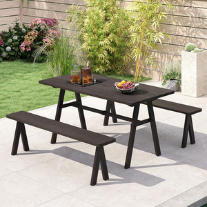 3 Pieces Picnic Table and Benches Set - Brown by Costway