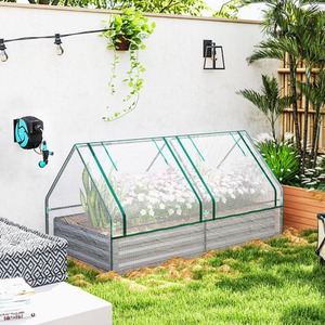 Outsunny Raised Garden Bed Planter Box with Greenhouse, Green and Dark Grey - White by Outsunny