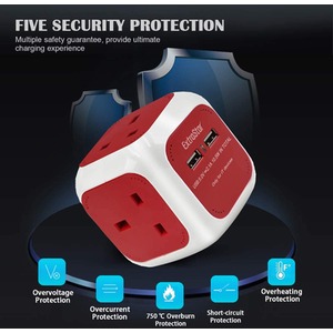 Power Cube 4 Ways Sockets 2 x USB Charger 5V 1.5m - Red by ExtraStar