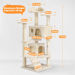 Multilevel Cat Tree with Scratching Posts - Beige / 137cm by Yaheetech