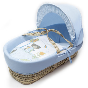 Tiny Ted Blue Moses Basket with Natural Little Gem Rocking Stand by Kinder Valley