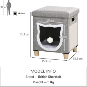 PawHut 2 in 1 Cat Bed Ottoman with Removable Cushion, Anti-Slip Foot Pads - Grey by PawHut