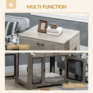 PawHut Dog Crate with Cushion, End Table with Drawer - Grey by PawHut