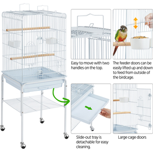 Rolling Metal Play Top Bird Cage with Stand - White by Yaheetech