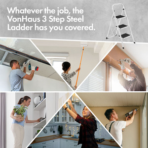 3 Step Steel Folding Step Ladder with Anti Slip Feet - White by VonHaus