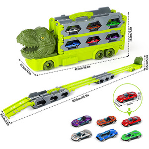 Dinosaur Race Track Transport Truck Toys with 6 Small Race Cars - GREEN