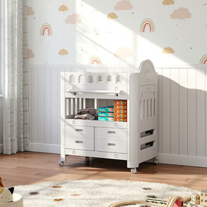 Mobile Baby Diaper Changing Unit with 4 Drawers and Storage Shelf - Beige & Grey by komore