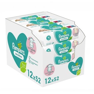 Pack of 12 Pampers Sensitive Baby Wipes - White by Pampers