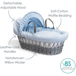 Waffle Grey Wicker Moses Basket - Blue by Clair de Lune