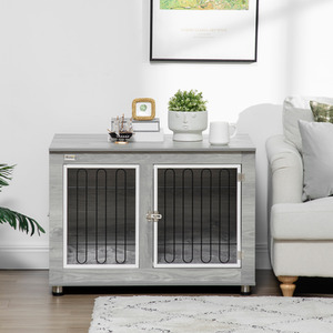 Dog Crate Furniture End Table with Soft Cushion - Grey by PawHut