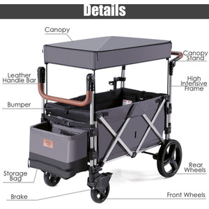 Push Pull Stroller Wagon with Adjustable Handle Bar - Grey by Costway