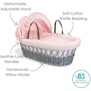 Waffle Grey Wicker Moses Basket - Pink by Clair de Lune