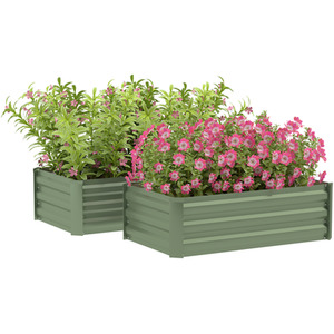 Outsunny Set of 2 Galvanised Garden Raised Bed for Flowers Herbs - Green by Outsunny