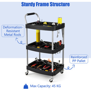3 Layer Detailing Tool Cart Utility Cart - Black by Costway