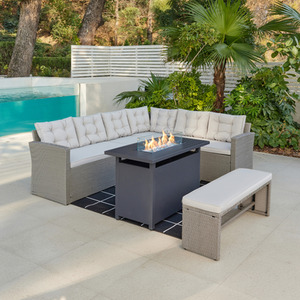 Modena L-Shape PE Rattan Dining Set with Fire Pit Table - Grey by GRS