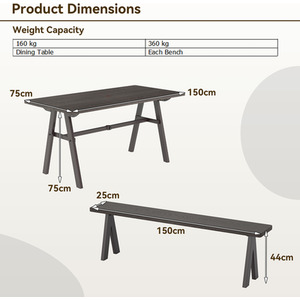 3 Pieces Picnic Table and Benches Set - Brown by Costway