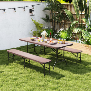 6FT Plastic Folding Bench Fold-in-Half Seat - Brown by Costway