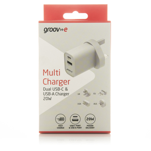 USB-C USB-A Mains Charger 20W with Worldwide Travel Adaptors - White by Groov-e