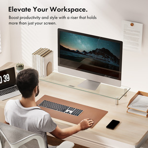 Height Adjustable Extra Large Black Glass Monitor Stand for Desks - Black / 9cm by VonHaus