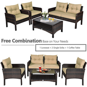 4 PCS PE Patio Conversation Set All-Weather Furniture Set - Brown by Costway