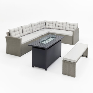 Modena L-Shape PE Rattan Dining Set with Fire Pit Table - Grey by GRS