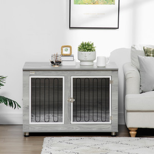 Dog Crate Furniture End Table with Soft Cushion - Grey by PawHut